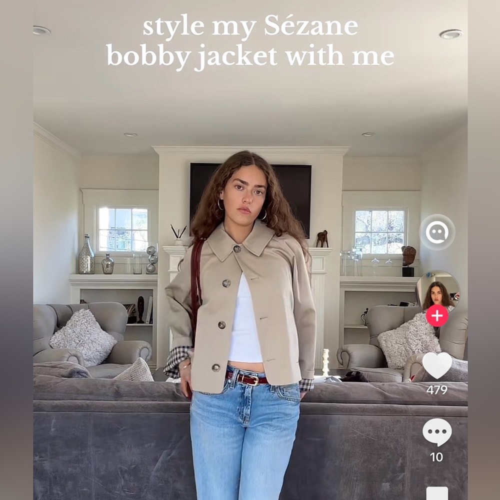 Sezane Bobby Jacket, Light Beige & Gingham, Oversized Cropped Trench, NWT Size 2 - Picture 13 of 16